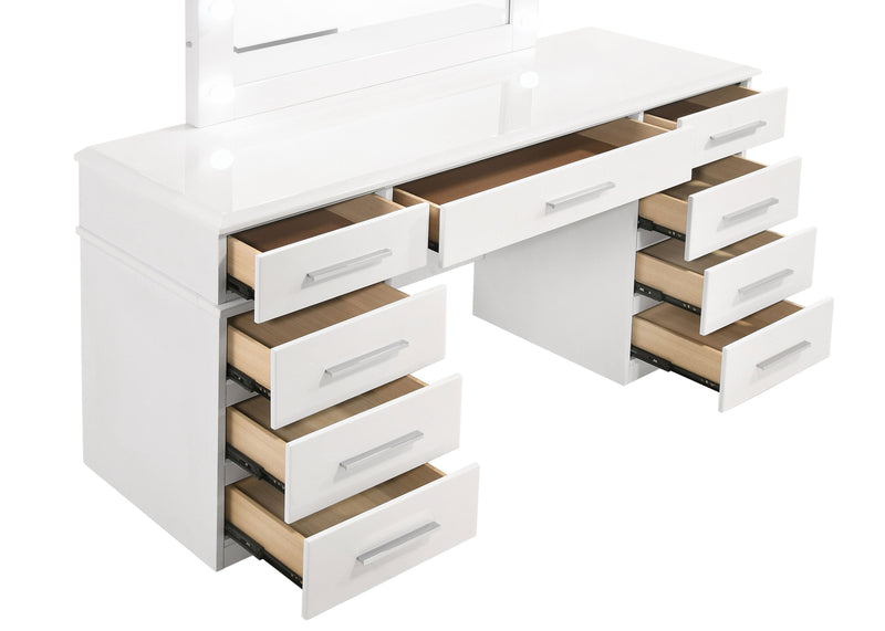LGC203507 White Glossy 9 Drawer Vanity With LED Light Mirror
