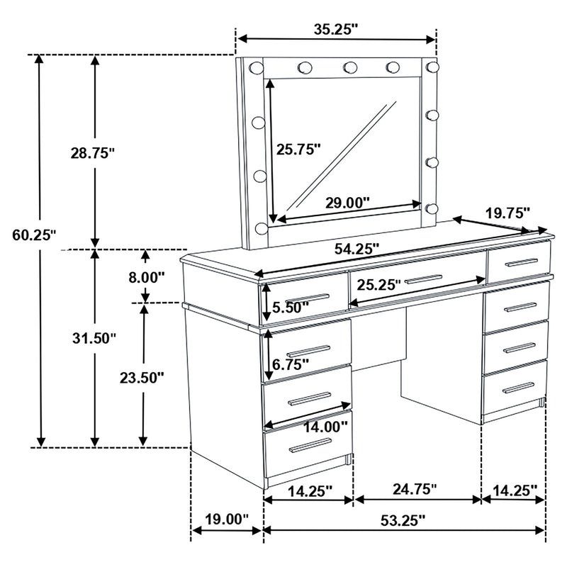 LGC203507 White Glossy 9 Drawer Vanity With LED Light Mirror