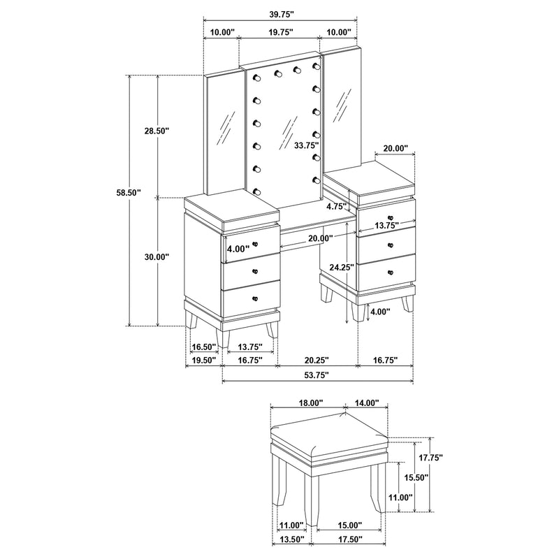 LGC930244 Black and White 6 Drawer 3 Panel Mirror With Lights Vanity Set With Stool