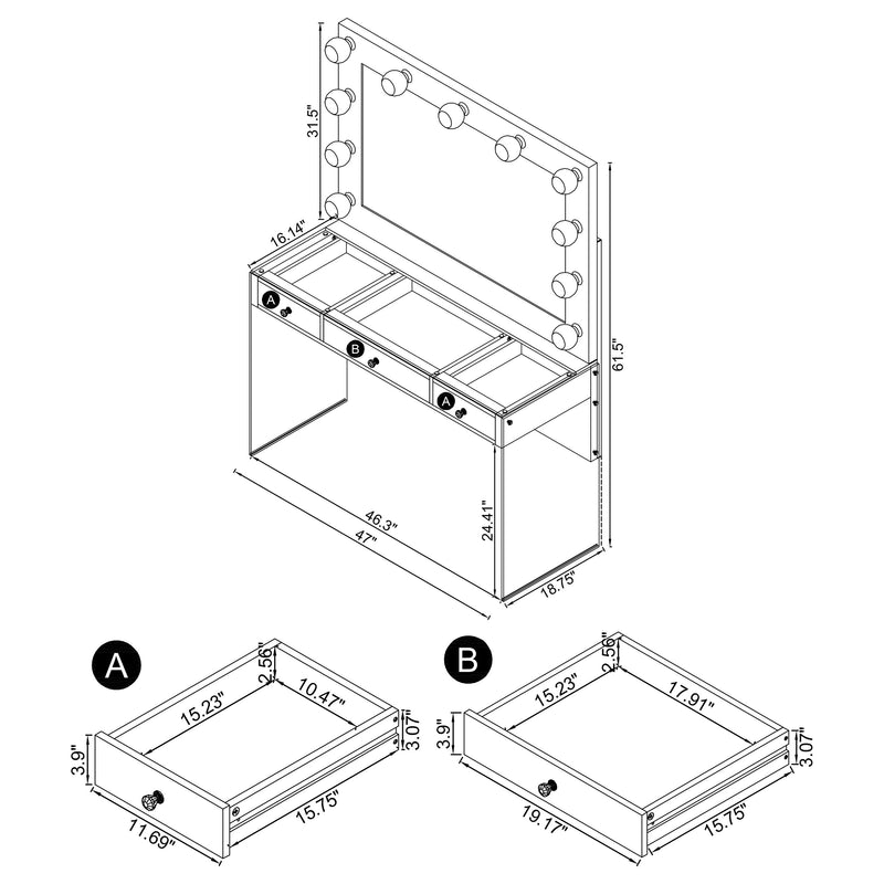 LGC935934 White and Chrome 3 Drawer Vanity Set With Lighted Mirror and Stool