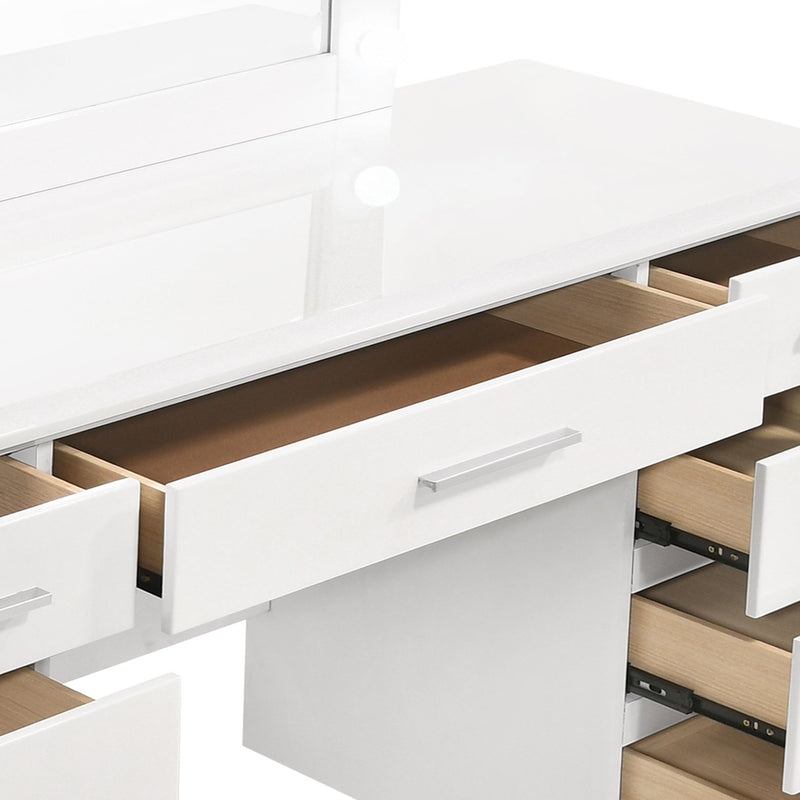 LGC203507 White Glossy 9 Drawer Vanity With LED Light Mirror