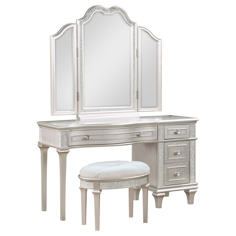 LGC223397 Glitter Silver Finish 4 Drawer Vanity Set With Tri-Fold Mirror