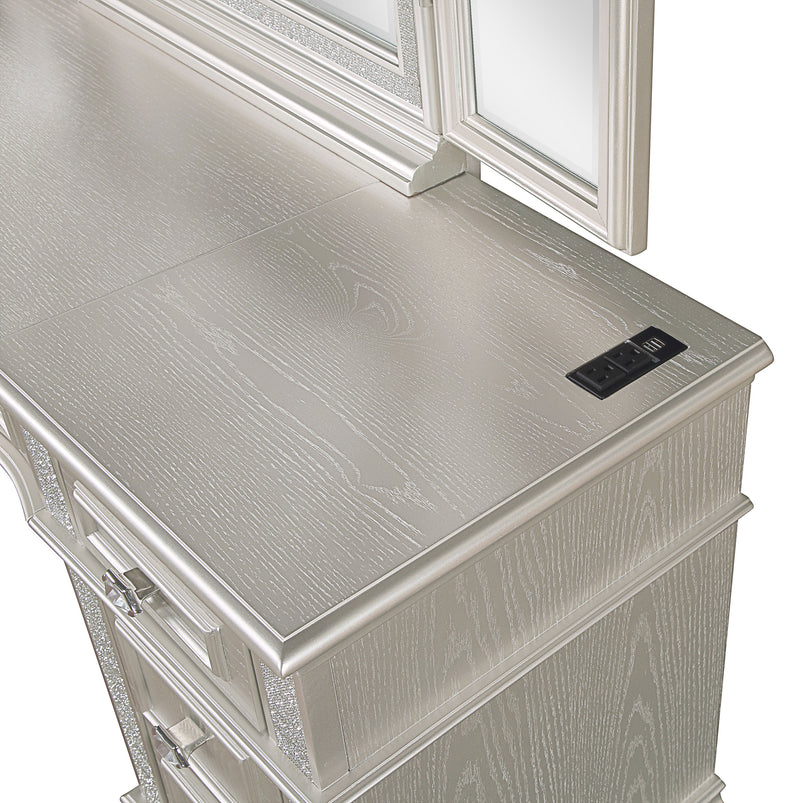 LGC223397 Glitter Silver Finish 4 Drawer Vanity Set With Tri-Fold Mirror