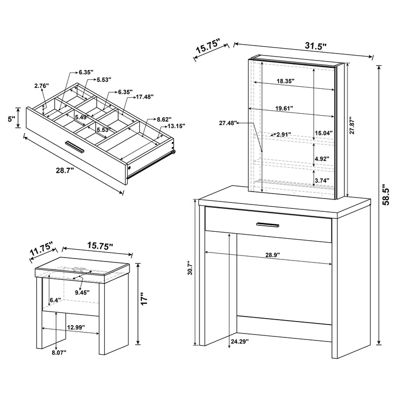 LGC300290 White Single Drawer Vanity Set With Lift Top Stool