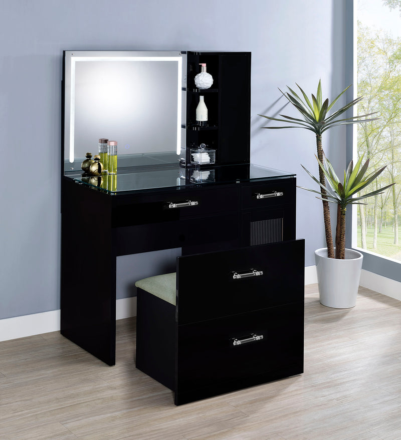 LGC930219 Glossy Black Vanity Set With LED Mirror and Shelves
