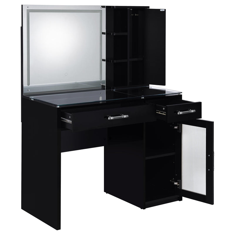 LGC930219 Glossy Black Vanity Set With LED Mirror and Shelves