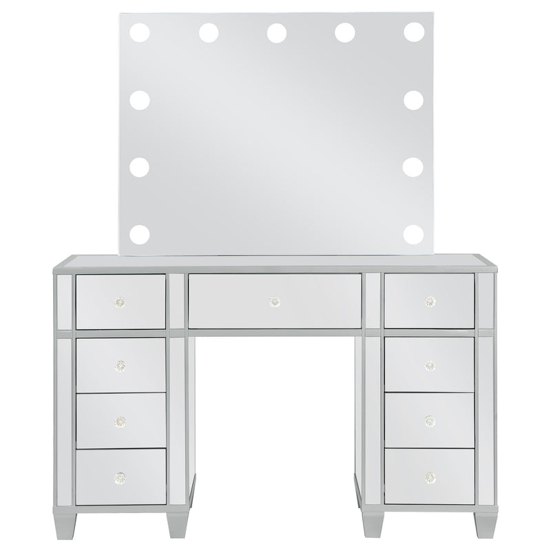 LGC930242 Mirrored 9 Drawer Metallic Silver Vanity Set With Lighted Mirror