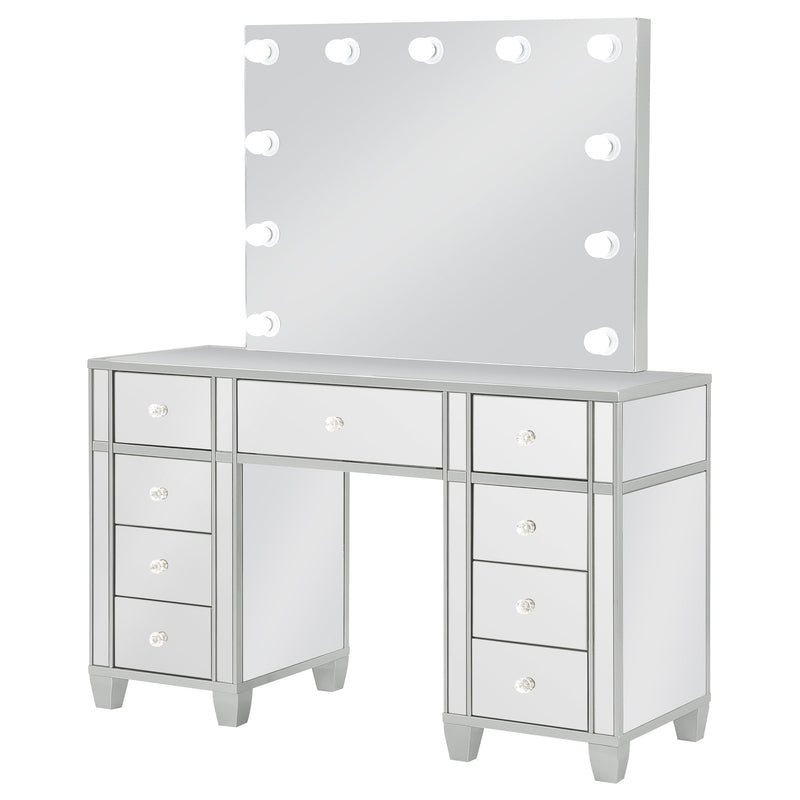 LGC930242 Mirrored 9 Drawer Metallic Silver Vanity Set With Lighted Mirror