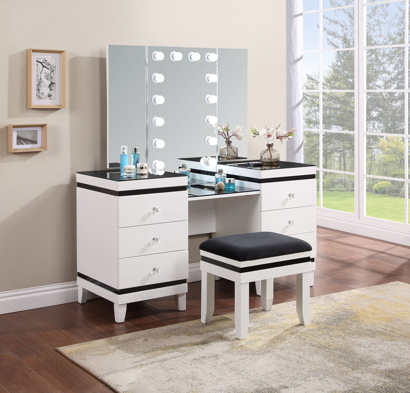 LGC930244 Black and White 6 Drawer 3 Panel Mirror With Lights Vanity Set With Stool
