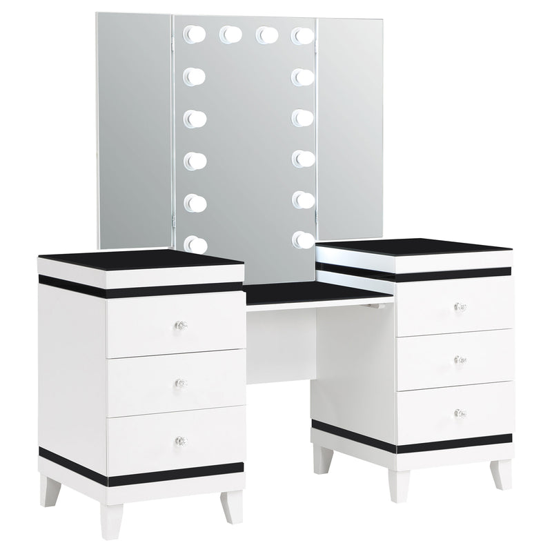 LGC930244 Black and White 6 Drawer 3 Panel Mirror With Lights Vanity Set With Stool