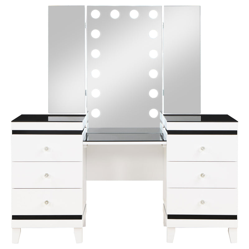 LGC930244 Black and White 6 Drawer 3 Panel Mirror With Lights Vanity Set With Stool