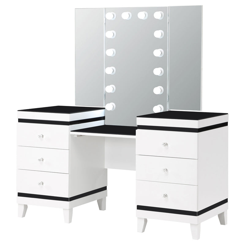 LGC930244 Black and White 6 Drawer 3 Panel Mirror With Lights Vanity Set With Stool