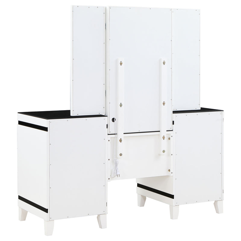 LGC930244 Black and White 6 Drawer 3 Panel Mirror With Lights Vanity Set With Stool