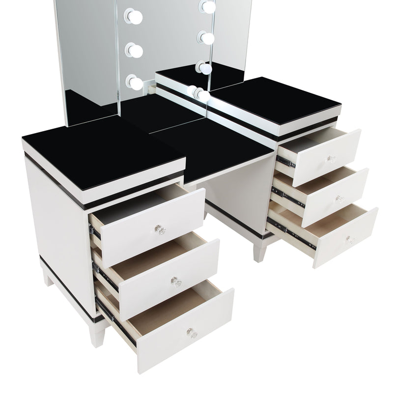 LGC930244 Black and White 6 Drawer 3 Panel Mirror With Lights Vanity Set With Stool