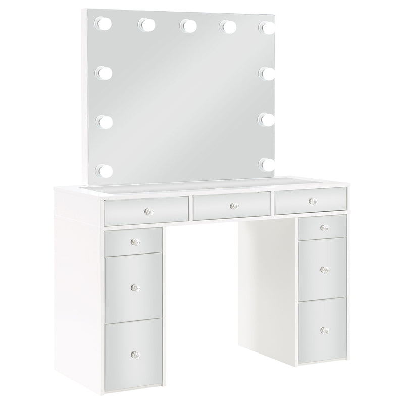 LGC930245 White Glossy Mirrored Drawer Vanity Set With Lighted Mirror and 9 Drawers