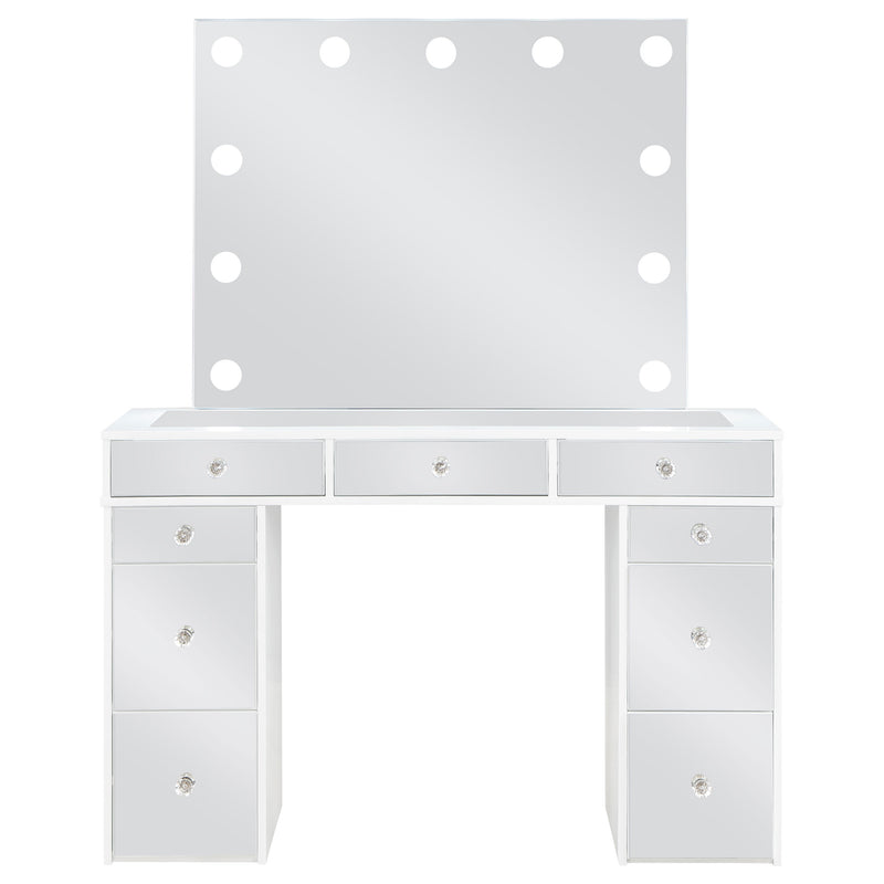 LGC930245 White Glossy Mirrored Drawer Vanity Set With Lighted Mirror and 9 Drawers