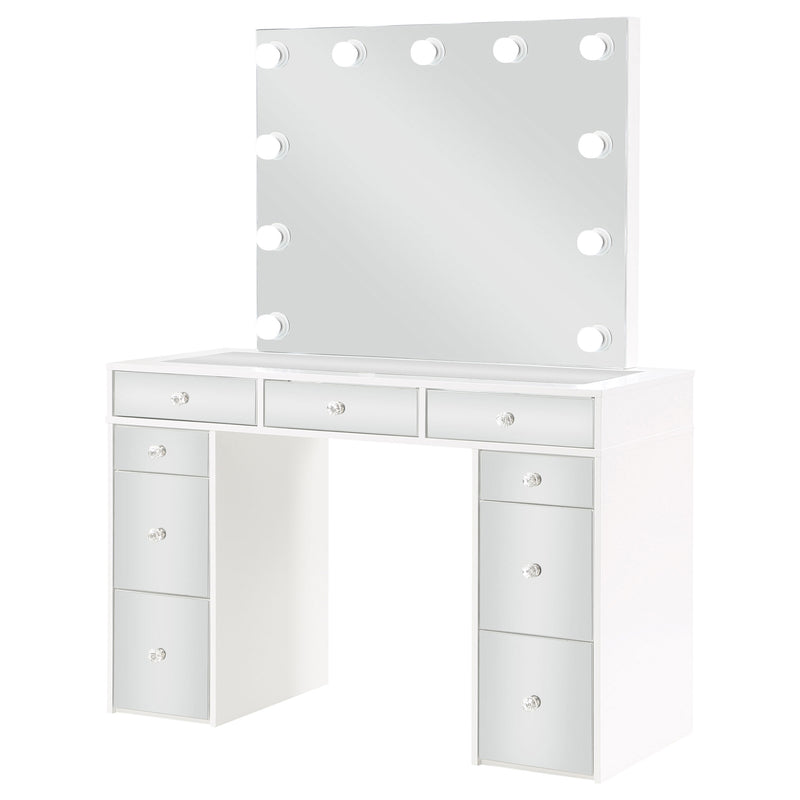 LGC930245 White Glossy Mirrored Drawer Vanity Set With Lighted Mirror and 9 Drawers