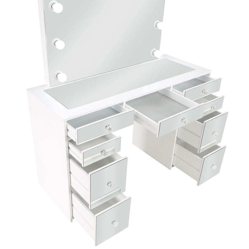 LGC930245 White Glossy Mirrored Drawer Vanity Set With Lighted Mirror and 9 Drawers