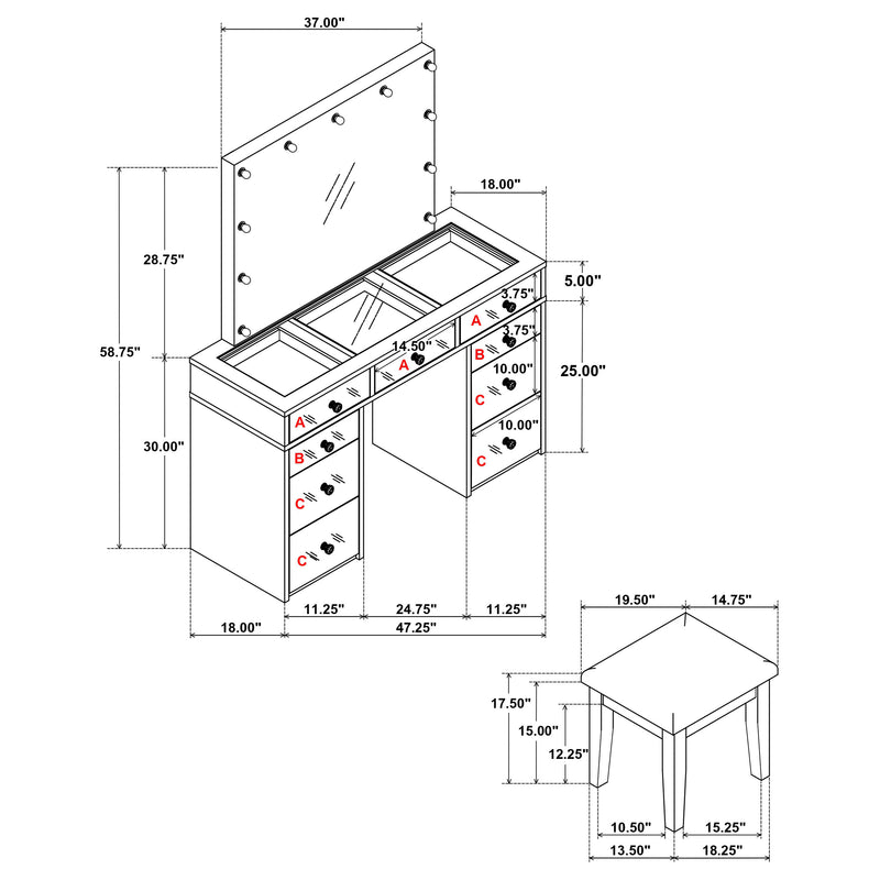 LGC930245 White Glossy Mirrored Drawer Vanity Set With Lighted Mirror and 9 Drawers