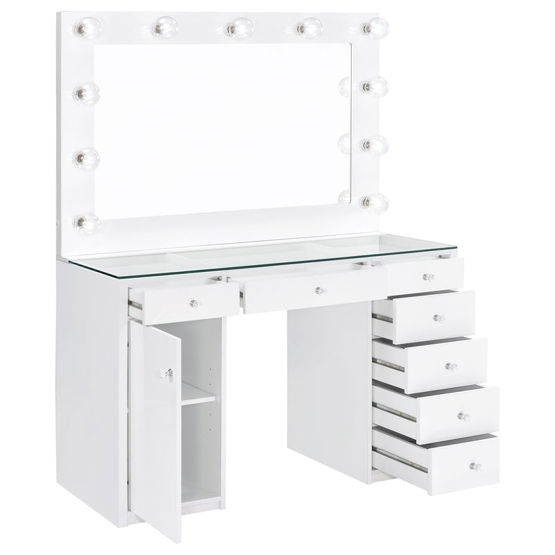 LGC931143 White Glossy 7 Drawer Vanity With Hollywood Lights Style Mirror
