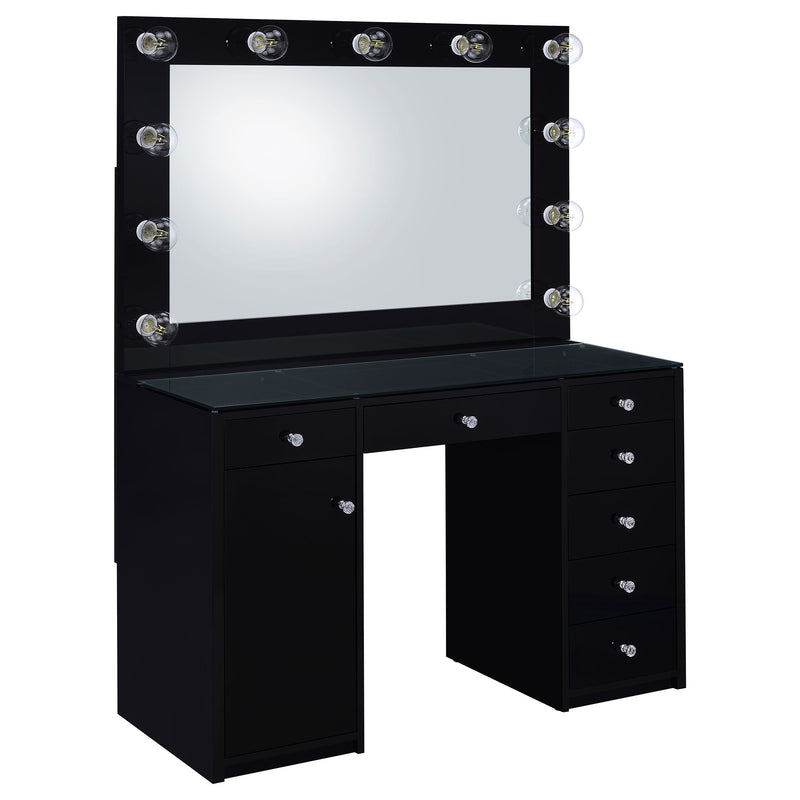 LGC931144 Black Glossy 7 Drawer Vanity With Hollywood Lights Style Mirror