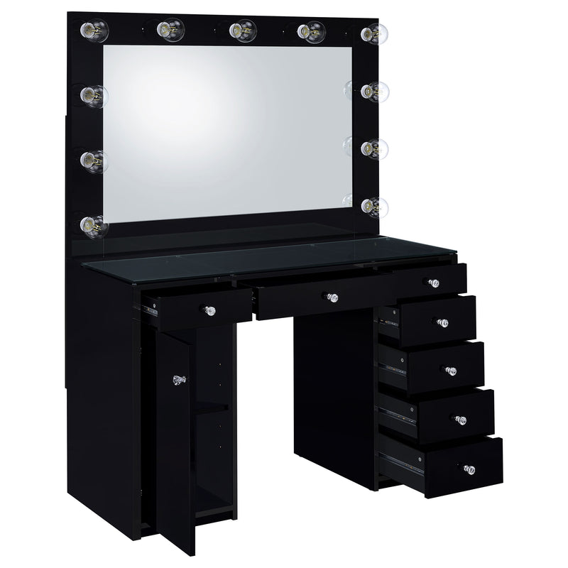 LGC931144 Black Glossy 7 Drawer Vanity With Hollywood Lights Style Mirror