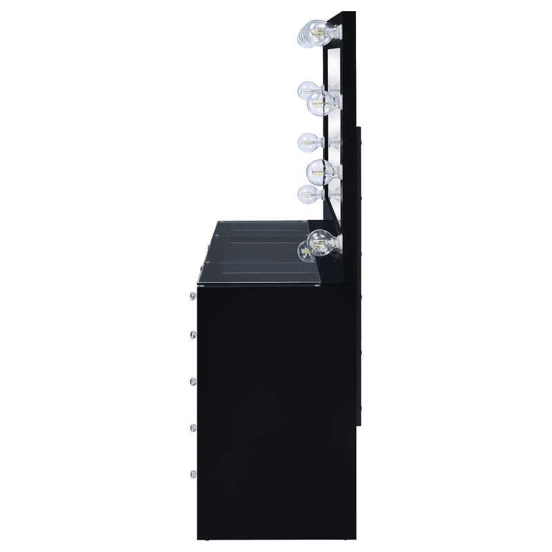 LGC931144 Black Glossy 7 Drawer Vanity With Hollywood Lights Style Mirror