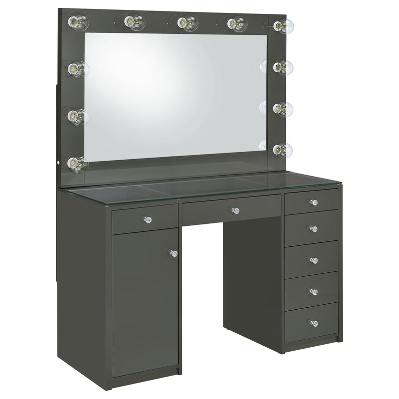 LGC931145 Grey Glossy 7 Drawer Vanity With Hollywood Lights Style Mirror