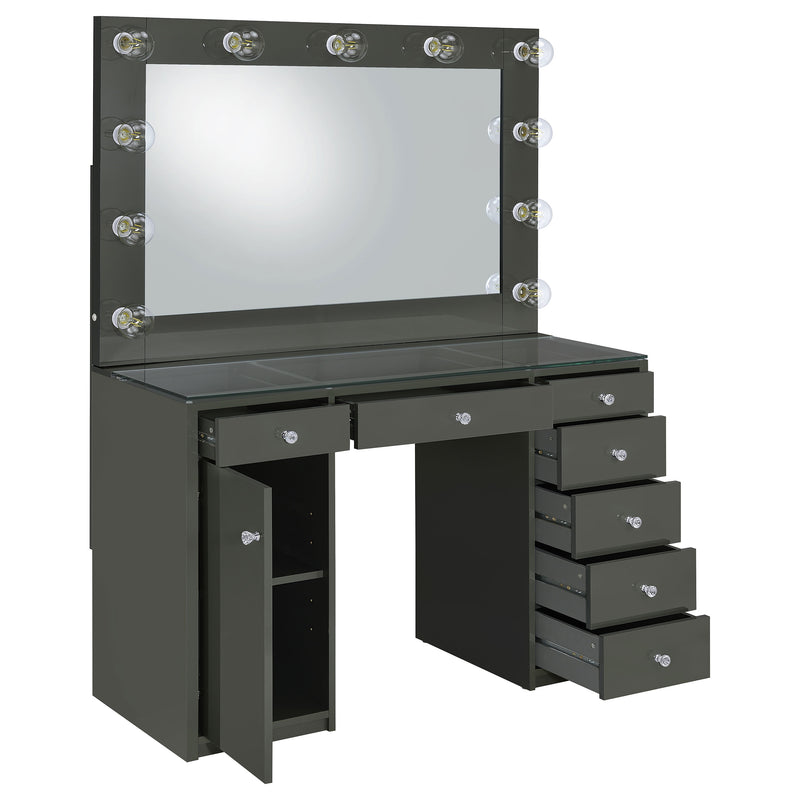 LGC931145 Grey Glossy 7 Drawer Vanity With Hollywood Lights Style Mirror