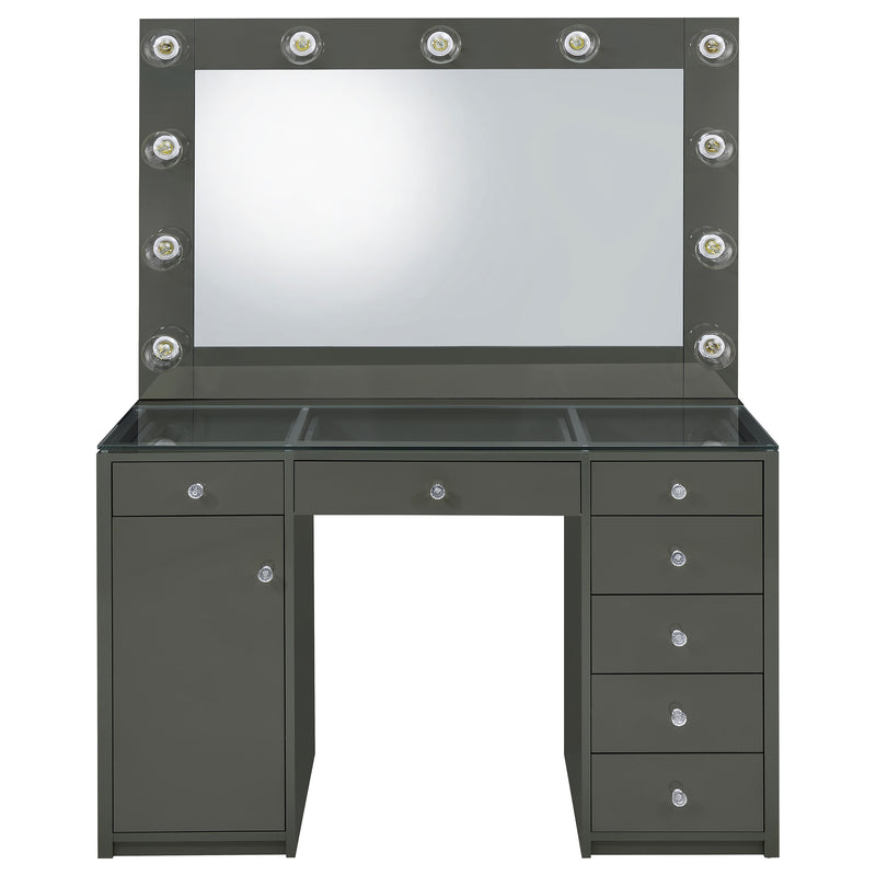 LGC931145 Grey Glossy 7 Drawer Vanity With Hollywood Lights Style Mirror