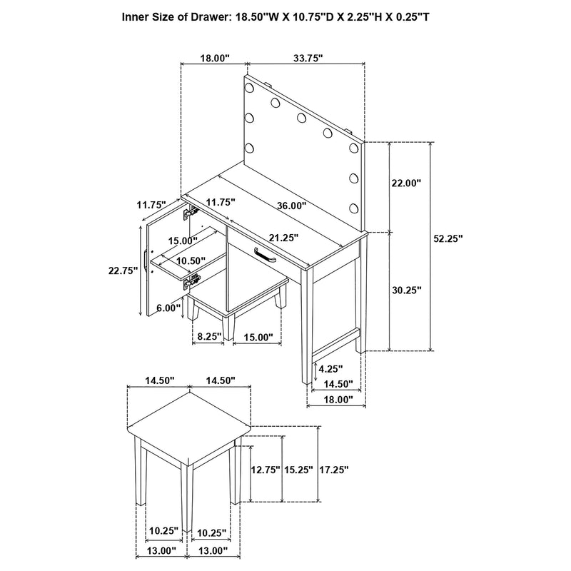 LGC931149 Vanity Set With Light Mirror and White and Gray Stool