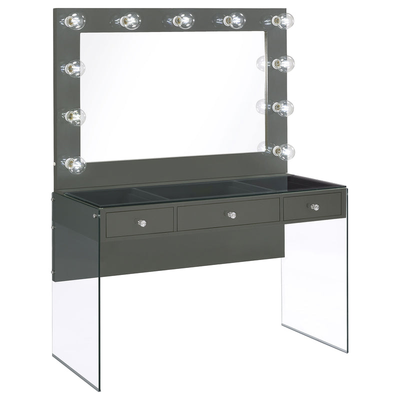 LGC935923 Grey Glossy 3 Drawer Vanity Set With Lighted Mirror and Grey Stool