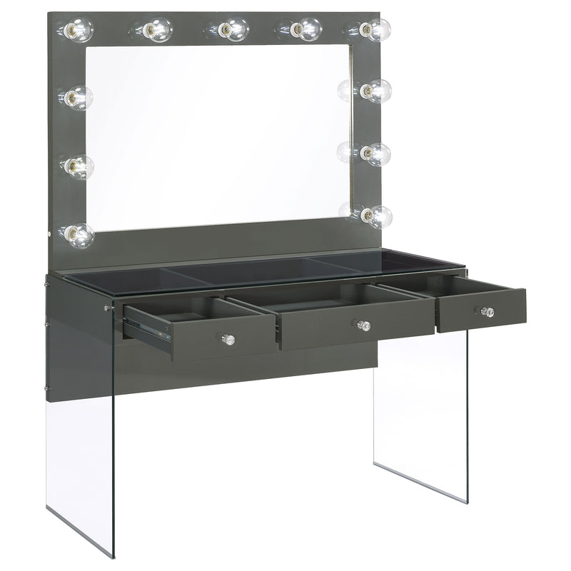 LGC935923 Grey Glossy 3 Drawer Vanity Set With Lighted Mirror and Grey Stool