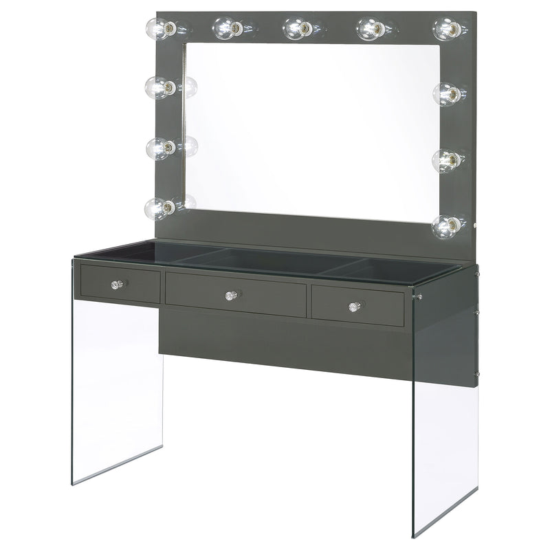 LGC935923 Grey Glossy 3 Drawer Vanity Set With Lighted Mirror and Grey Stool