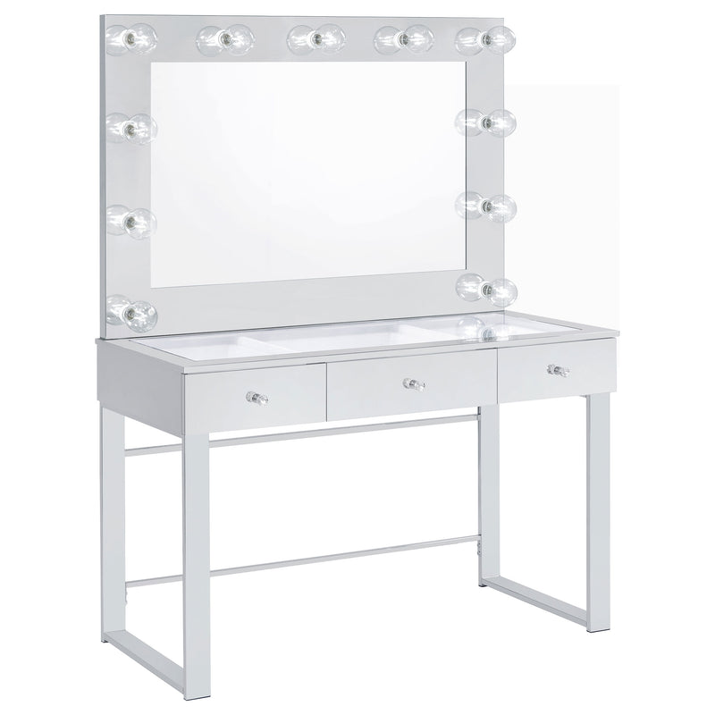 LGC935934 White and Chrome 3 Drawer Vanity Set With Lighted Mirror and Stool