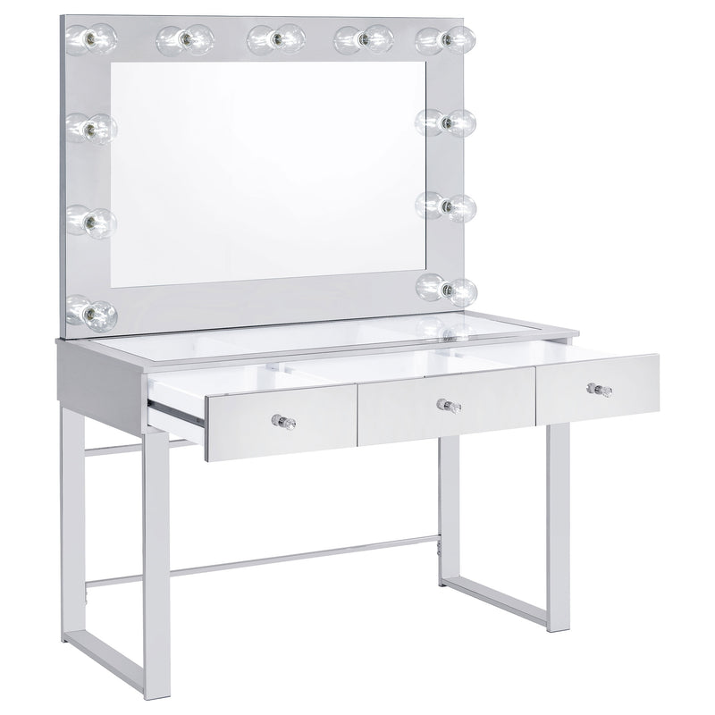 LGC935934 White and Chrome 3 Drawer Vanity Set With Lighted Mirror and Stool