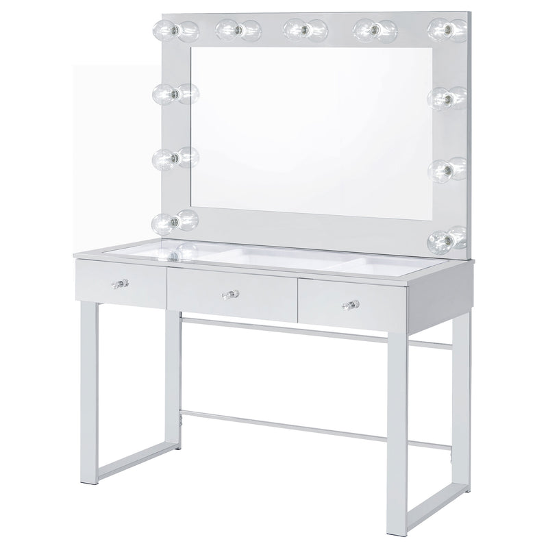 LGC935934 White and Chrome 3 Drawer Vanity Set With Lighted Mirror and Stool