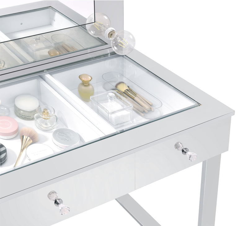 LGC935934 White and Chrome 3 Drawer Vanity Set With Lighted Mirror and Stool