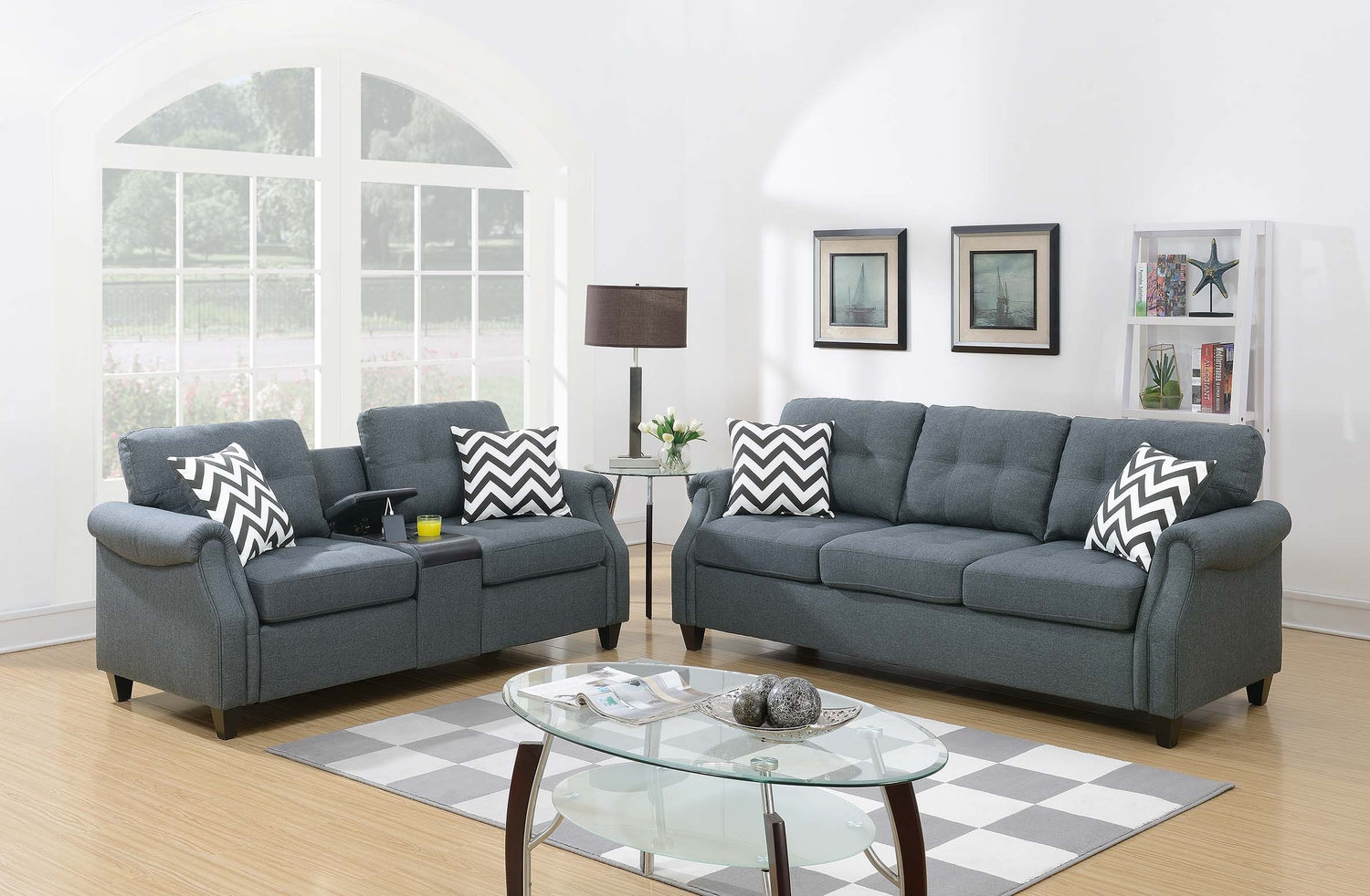 LGPF6411 2 Pieces Blue Gray Sofa And Loveseat Set