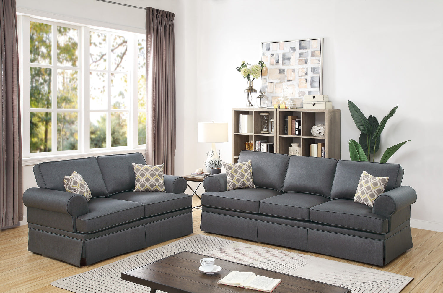 LGPF6441 2 Pieces Charcoal  Sofa Set With Lower Skirt Trim