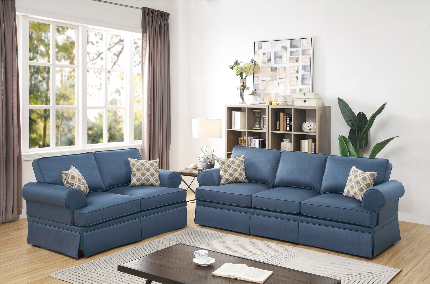 LGPF6443 2 Pieces Blue Sofa Set With Lower Skirt Trim