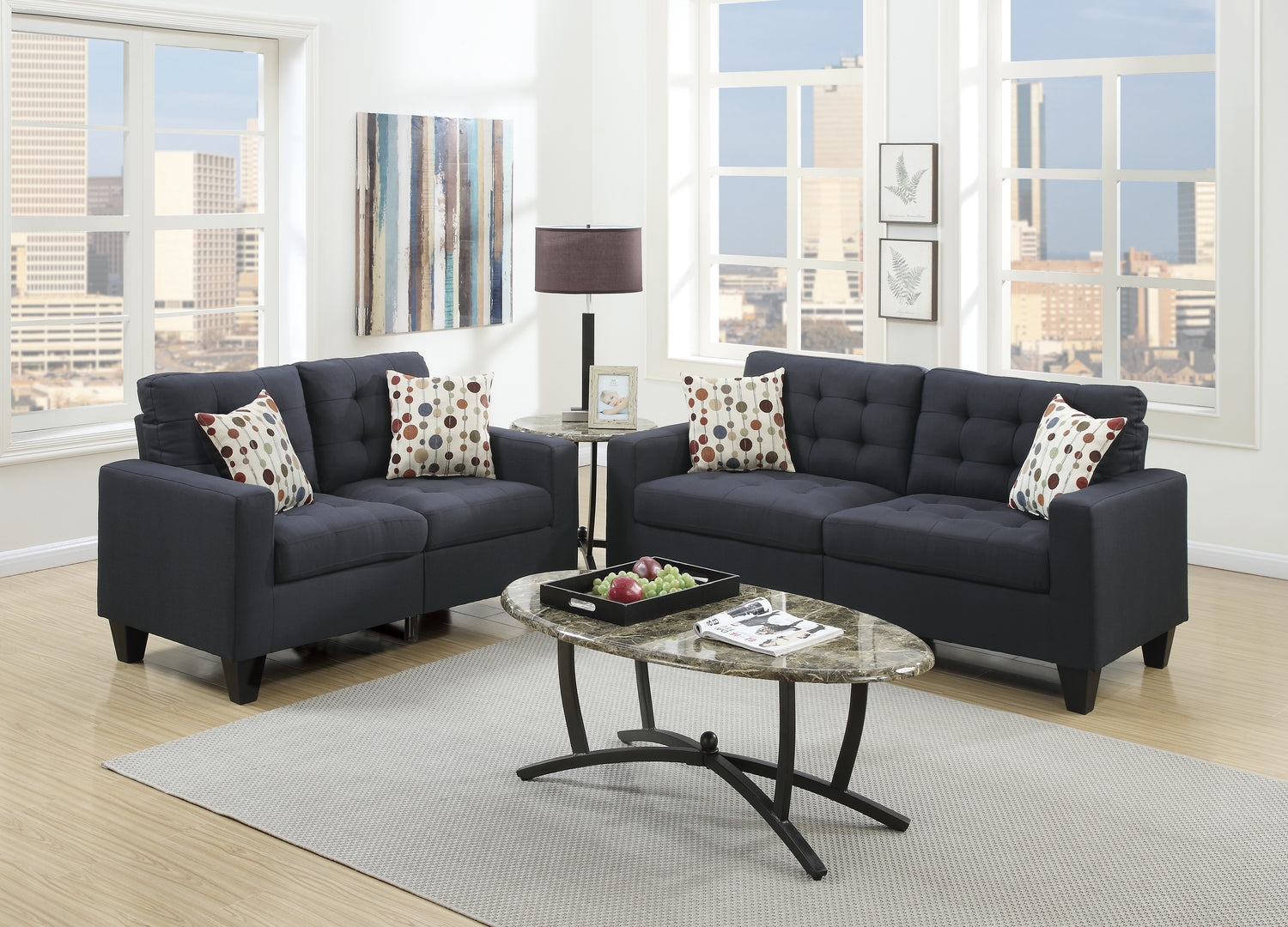 LGPF6903 2 Pieces Black Linen Like Fabric Sofa Set