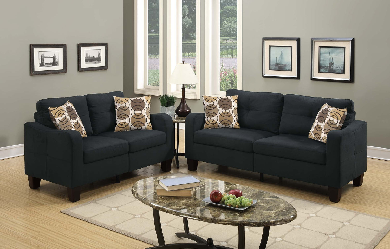 LGPF6922 Black 2 Pieces Sofa Set With 2 Accent Pillows