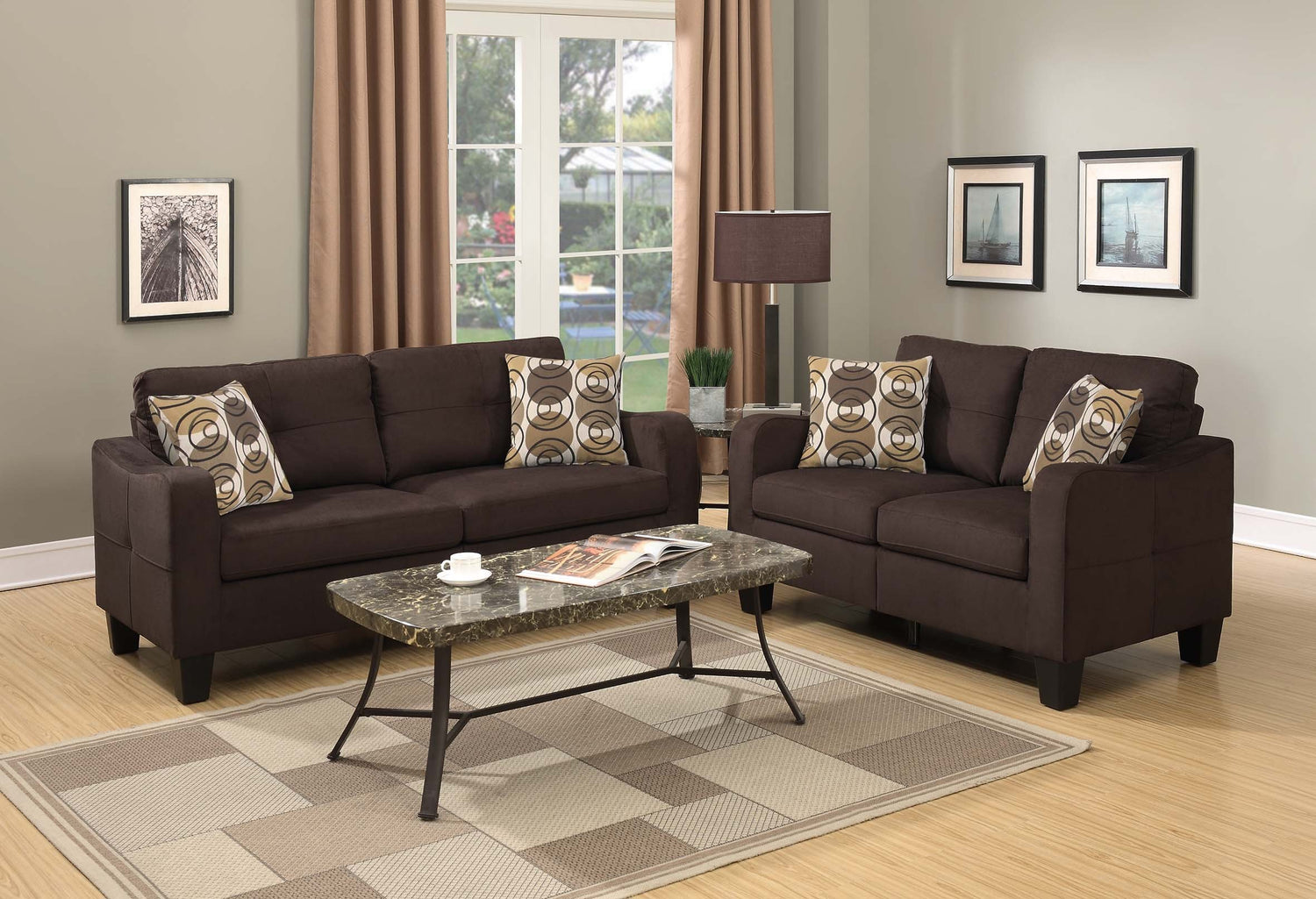 LGPF6923 Chocolate Color 2 Pieces Sofa Set With 2 Accent Pillows