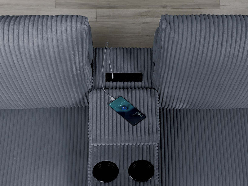 LGPF8459 Dark Gray Corduroy Sofa Set With Charging Station and Cup Holders