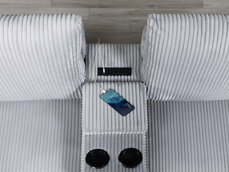 LGPF8460 Light Gray Corduroy Sofa Set With Charging Station and Cup Holders