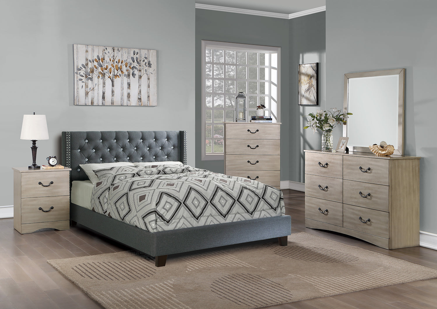 LGPF9371Q Gray Fabric Buttoned Rhinestones Bed