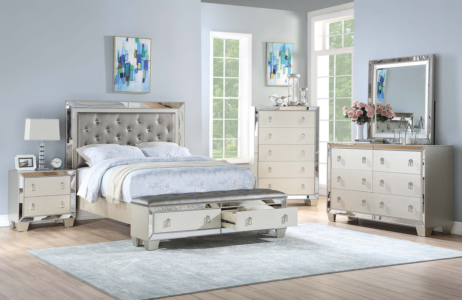 LGF9429CK Mirrored Silver Bed with Buttoned Headboard and Two Front Drawers