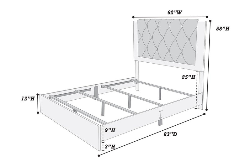 LGF9560CK Button Tufted Long Headboard Bed in Gray or Cream