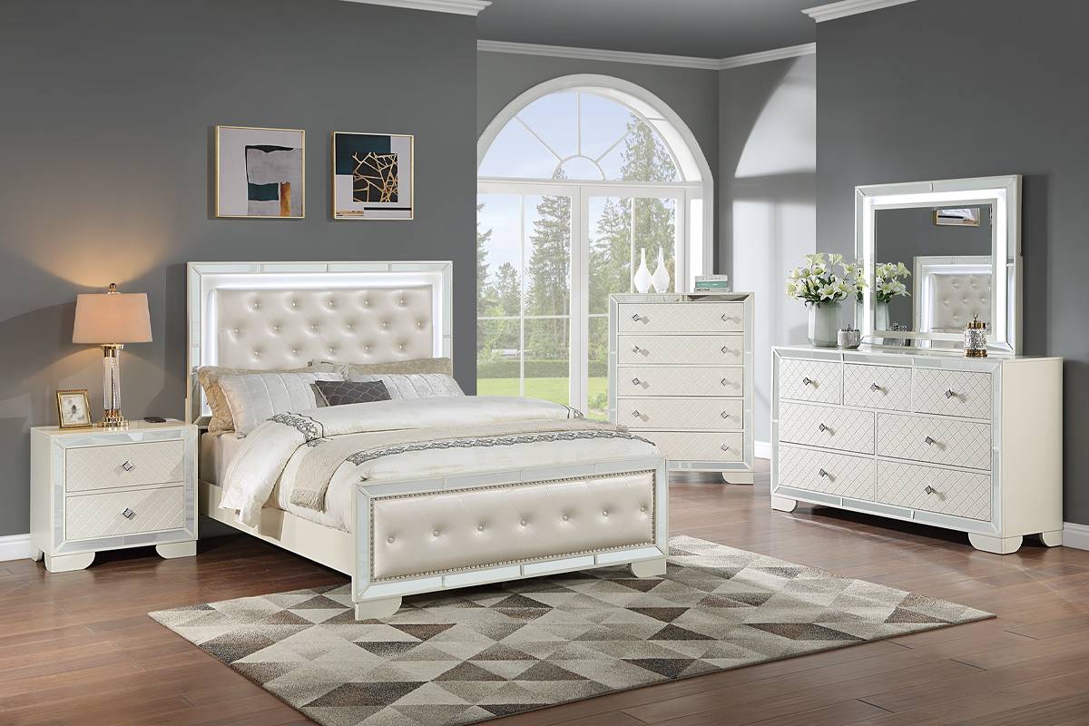 LGF9643EK Mirrored Cream Faux Leather Button Tufted Led Light Headboard Bed